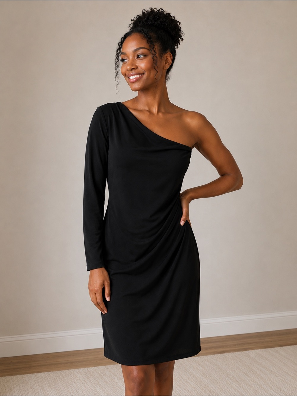 Women's One-Shoulder Black Dress with Long Sleeve Cocktail Dress Wedding